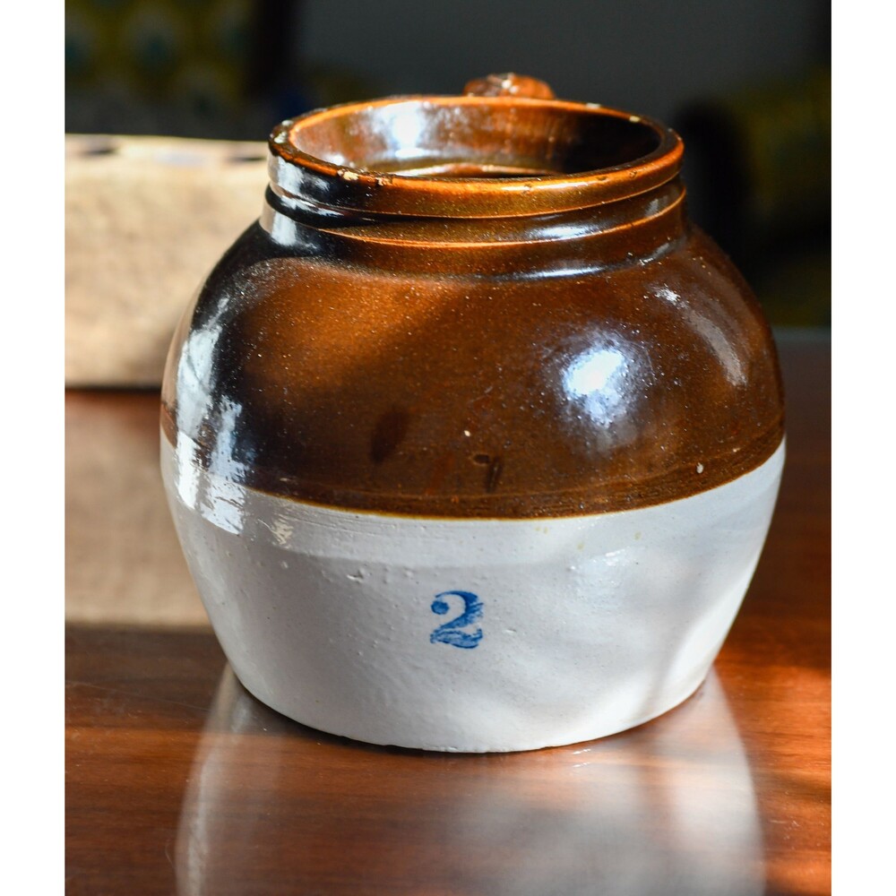Brown Boston Bean Pot with Lid Marked Two 2 Cream and Brown